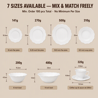 En stock Assiette de table en porcelaine New Bone China blanche à bord festonné motif lotus, assortiment de 7 tailles, logo OEM pour banquets de mariage
