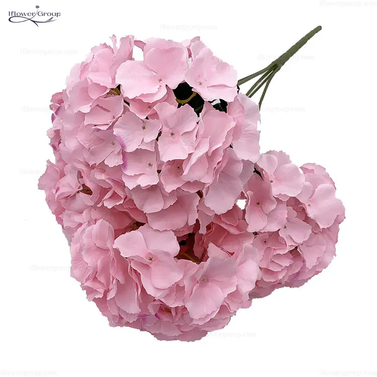 ประดิษฐ์5หัวผ้าไหมสีชมพูไฮเดรนเยียช่อดอกไม้ผ้าดอกไม้