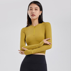 <span class=keywords><strong>Camiseta</strong></span> personalizada de cintura alta con media cremallera <span class=keywords><strong>para</strong></span> mujer, de manga <span class=keywords><strong>larga</strong></span> <span class=keywords><strong>Camiseta</strong></span> sin mangas <span class=keywords><strong>para</strong></span> Yoga, deportes, correr - Product Image 3