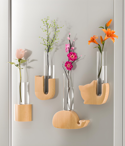 Mini Vase mural décoratif <span class=keywords><strong>Art</strong></span> déco en <span class=keywords><strong>bois</strong></span> massif Porte-fleur mural Station de propagation des plantes comprend un aimant pour réfrigérateur en verre - Product Image 2
