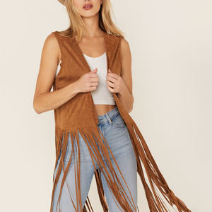 <span class=keywords><strong>Chaleco</strong></span> sin mangas de piel sintética de ante con flecos personalizado para mujer a la moda modesta al por mayor, ropa de calle, <span class=keywords><strong>disfraz</strong></span> de <span class=keywords><strong>vaquera</strong></span>, <span class=keywords><strong>chaleco</strong></span> con borlas frontales abiertas - Product Image 1