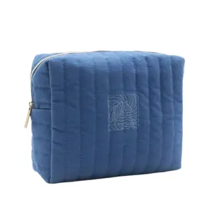 Novo Designer Azul Quilted Cotton Canvas Beauty Pouch Eco-friendly Promocional Logotipo Personalizado Viagem Cosmetic Pouch Maquiagem Bag