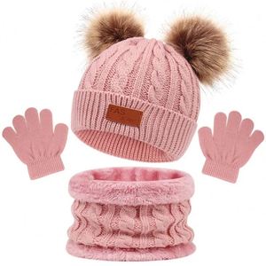 I-0101 filles garçons enfant en bas âge polaire doublé laine tricoté chapeau cou plus chaud gants bébé Pom Pom Beanie enfants hiver chapeau écharpe gants <span class=keywords><strong>ensemble</strong></span> - Product Image 1