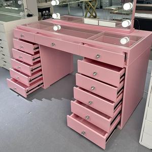 Commode rose de luxe avec éclairage LED, <span class=keywords><strong>grand</strong></span> miroir de maquillage, coiffeuse avec rangement, table à langer avec 13 tiroirs pour la chambre à coucher, fabricant - Product Image 4
