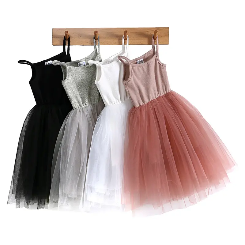 Girl's Cotton Slip Dress Ribbed Patchwork Mesh Skirt Princess Skirt Fluffy Skirt For Baby Summer Clothes One-piece Dress