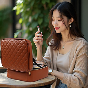 Estuche de maquillaje a cuadros con espejo y luz, organizador de cosméticos de gran capacidad para almacenamiento en el hogar, cierre de cremallera, diseño a cuadros - Product Image 1