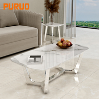 Table basse PURUO moderne et simple en acier inoxydable avec plateau en marbre, finition or ou argent, pour la maison