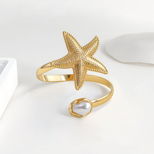 Beach Vacation Rhinestone Pearl Starfish Flower Metal Arm Cuff Statement Open Bangle Curtain <b>Tieback</b> Pearl Women Jewelry - Product Image 5