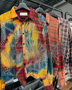 T-shirt Personalizzata <span class=keywords><strong>con</strong></span> Stampa Cristallo Oversize, <span class=keywords><strong>Bottoni</strong></span>, Maniche Lunghe, Motivo a Quadri, Diamanti, Strass, Flanella, Taglio Corto, Lavaggio Acido per Uomo - Product Image 2