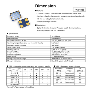 Đức tin tinh thể dài dao động 9s24000003 2016 24.000000MHz 12pf ± 10PPM 60ohm SMD Mô-đun Chip cộng hưởng - Product Image 2