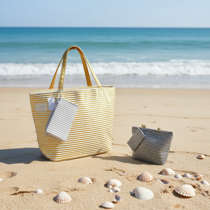 Borsa da spiaggia a righe oro e argento 57x37x17 cm con piccola borsa coordinata per copricostume - Product Image 2