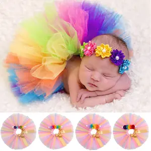 新生婴儿摄影道具短裙带发带多色婴儿短裙婴儿彩虹摄影道具套装