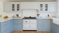 Nouvelle conception moderne de cuisine modulaire rafraîchissante en bois massif bleu ciel avec comptoir en bois