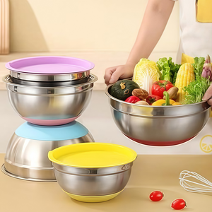 Cuenco hondo <span class=keywords><strong>de</strong></span> acero inoxidable grueso personalizado para <span class=keywords><strong>ensalada</strong></span>/sopa, cuencos para mezclar cocina con tapa <span class=keywords><strong>de</strong></span> silicona y fondo antideslizante para preparación <span class=keywords><strong>de</strong></span> alimentos - Product Image 1