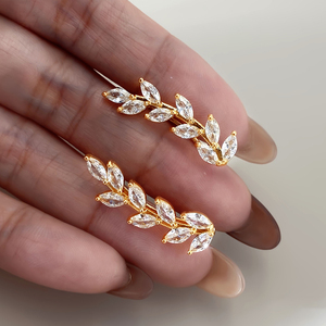 Gold Plated <b>Leaf</b> Stud Earrings With Marquise Cut Crystal Rhinestones For Women Party Jewelry Classic Design - Product Image 4