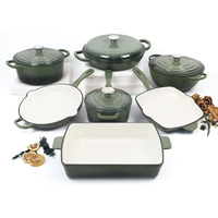 Ensemble de batterie de cuisine en fonte émaillée multicolore au design classique, comprenant un faitout, une cocotte, une poêle et une collection de plats de cuisson en métal émaillé