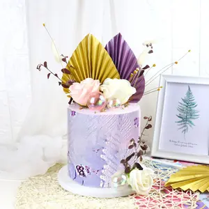 Baking birthday paper cake topper folding fan waste purple gold leaf flag cake decorating supplies