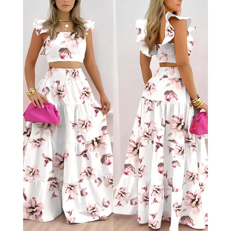 Women 2 Piece Dress Set Fashion Floral Printing Chiffon Summer Maxi Dress Ladies Casual Ankle-Length Vestido