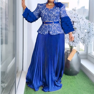 ชุดเดรสยาวพิมพ์ลายลูกไม้จีบระบายแขนระบายสำหรับผู้หญิงแอฟริกัน ชุดเซ็ต 2 ชิ้น แฟชั่น - Product Image 3