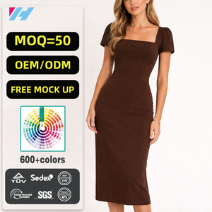 Abito Midi Lungo Elegante e Casual da Donna con Scollo Quadrato e Maniche Corte, Produzione Personalizzata di Alta Qualità - Product Image 1