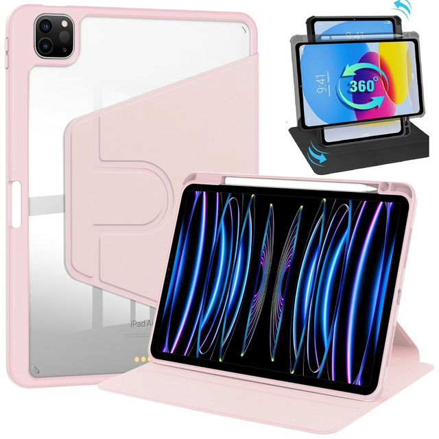 REXIAO 360 Rotating Multiple-Angle Stand Clear Back Shell Shockproof Smart Tablet Cover Pencil Holder Slot Magnetic Auto-Sleep