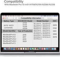 A1708 Batterie de remplacement A1713 pour MacBook Pro 13 pouces Late 2016 Mid 2017, A2171 Batterie pour A2159 (2019) A2338 , A2289 (2020)