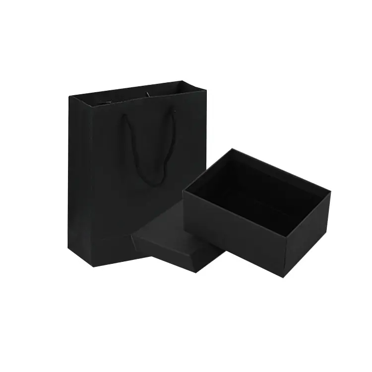 Set kotak hadiah hitam kemasan perhiasan karton kertas kaku berkualitas tinggi dengan tutup