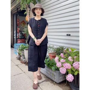Women's Cotton Linen Two Piece Set Sleeveless Shirt Wide Leg Pants Rose Red Breathable Casual Suit Lw K2 - Product Image 2