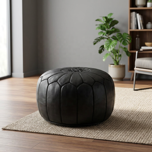 Black Round <b>Leather</b> Pouf <b>Cover</b> Geometric Embroidery Bohemian Style Handmade Stitched Drawstring Closure Customizable Home Decor - Product Image 3