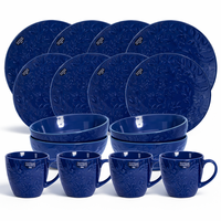 Lot de 16 pièces de vaisselle en grès bleu gaufré, style classique, résistant à la chaleur, compatible lave-vaisselle, assiettes et bols en céramique en gros