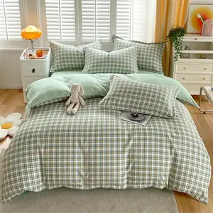 Vendita calda con il prezzo di fabbrica di cotone plaid stampato copripiumino set di biancheria da letto lenzuolo misura 4 pezzi con federa