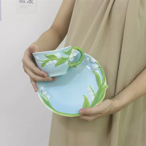 Hand-crafted Modern Sustainable <b>Reusable</b> Portable Embossed Bell Orchid Pattern Light Blue Glaze Ceramic Coffee <b>Cup</b> Saucer Set - Product Image 3