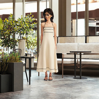 Robe longue formelle sans manches à col montant pour femme, coupe trapèze minimaliste, taille naturelle, en coton lavable, élégante, vintage et décontractée