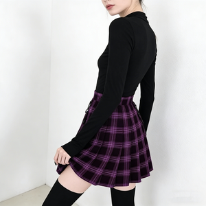 Jupes pour femmes, <span class=keywords><strong>jupe</strong></span> courte plissée à taille haute, à carreaux noirs <span class=keywords><strong>et</strong></span> violets, détail boutonné, style gothique preppy - Product Image 2