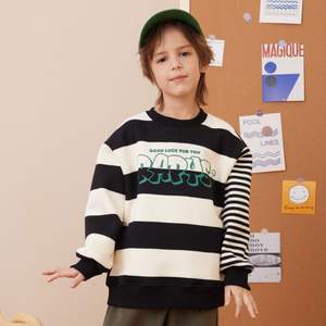Felpa a Maniche Lunghe per Ragazzi e Ragazze, Maglia Base con Collo Tondo per Bambini Più Grandi, Pullover Sportivo a Righe con Fodera in <span class=keywords><strong>Pile</strong></span>, Tinta in Capo - Product Image 1