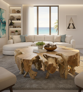 Table basse unique en racine de teck avec base sculpturale à grain naturel et plateau en verre transparent pour des intérieurs modernes et élégants - Product Image 2