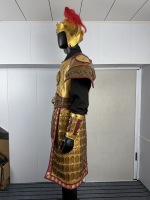 Ensemble d'armure de général chinois antique doré, motif dragon, costume de guerrier, casque à plumes rouges, reconstitution historique, scène