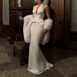 Robe sirène plissée sexy à col en V profond pour femme, dos nu, élégante, pour soirée, club, été, coupe ajustée, longue, OEM - Product Image 1