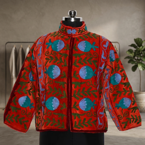 Handcrafted 100% Cotton Suzani Embroidery <b>Velvet</b> Jacket Floral Pattern Winter <b>Coat</b> Wool Breathable Button Printed Techniques - Product Image 4