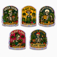 Stiker Hologram Custom Logo Green Thumb Club Skeleton Gardener, Stiker Anti Air untuk Pot Bunga