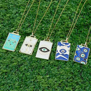 Colorful Enamel Moon Lion Rectangle Tags Necklace Real Gold Plated Geometric Art Eye Pattern Tags Necklace