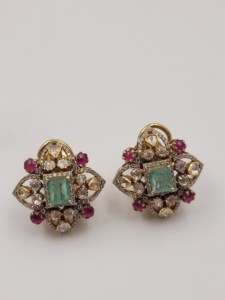 Natural <b>Emerald</b> Ruby & Polki Diamond <b>Stud</b> <b>Earrings</b> in 18K Yellow Gold | Victorian Designer <b>Earrings</b> set - Product Image 3