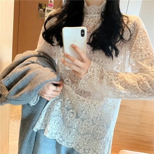 224蕾丝网纱立领打底衫批发时尚女式春季修身镂空薄款上衣T恤衬衫 - Product Image 4