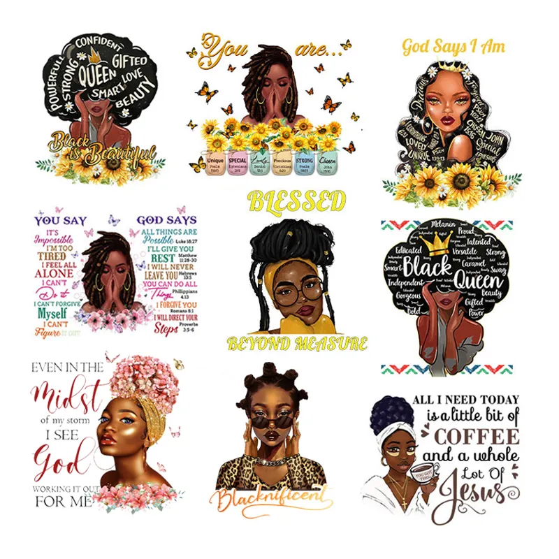 Hot Sale Washable Black Women Plastisol Heat Sticker For Clothes African Girl Printing Transfer For T-Shirt Decals