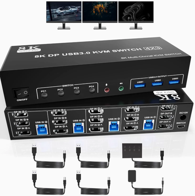 High Definition 8K Triple Screen KVM Switch 4 Input 3 Output Extended Display Support Ultra HD Video Sharing One Keyboard Mouse