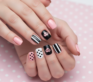 <span class=keywords><strong>Uñas</strong></span> Postizas Autoadhesivas de Marca Propia, 24 Piezas, Diseño de Lunares y <span class=keywords><strong>Rayas</strong></span> <span class=keywords><strong>Negras</strong></span> y Rosas, Aplicación sin Pegamento - Product Image 2