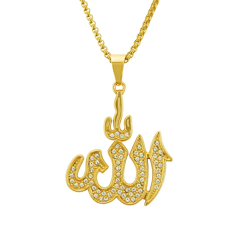Blues Oem Groothandel Stijlvolle Hip Hop Crystal Rhinestone 18K Vergulde Moslim Hanger Ketting Allah Voor Religie Sieraden