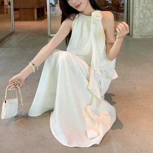 Ensemble deux pièces pour femmes, style coréen, haut sans manches à bretelles et jupe fluide, blanc, à volants, tenue décontractée - Product Image 5
