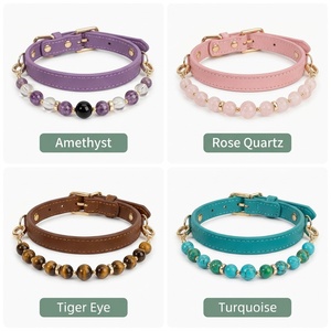 Collar de cristal de <span class=keywords><strong>amatista</strong></span> natural para perro, conjunto de collar y collarín de cuero morado ajustable con cuarzo obsidiana, joyería de lujo para mascotas, venta al por mayor OEM - Product Image 2