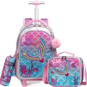 Mermaid Rolling Girls Sac à dos avec roues Sac d'école Trolley Bagages de voyage avec boîte à lunch pour étudiant d'âge préscolaire - Product Image 5